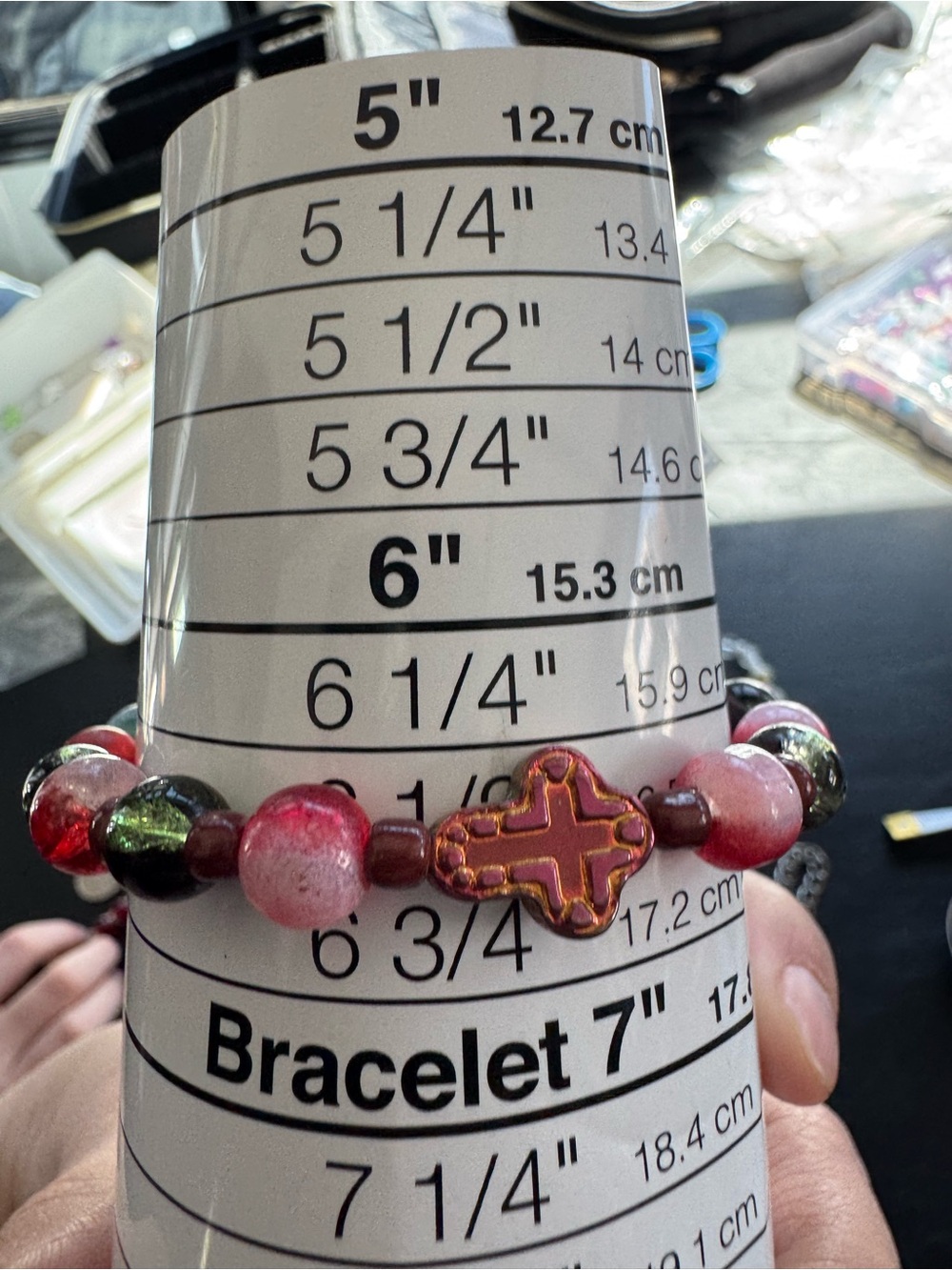 Handmade Pink & Red Beaded Bracelet with Cross Focal